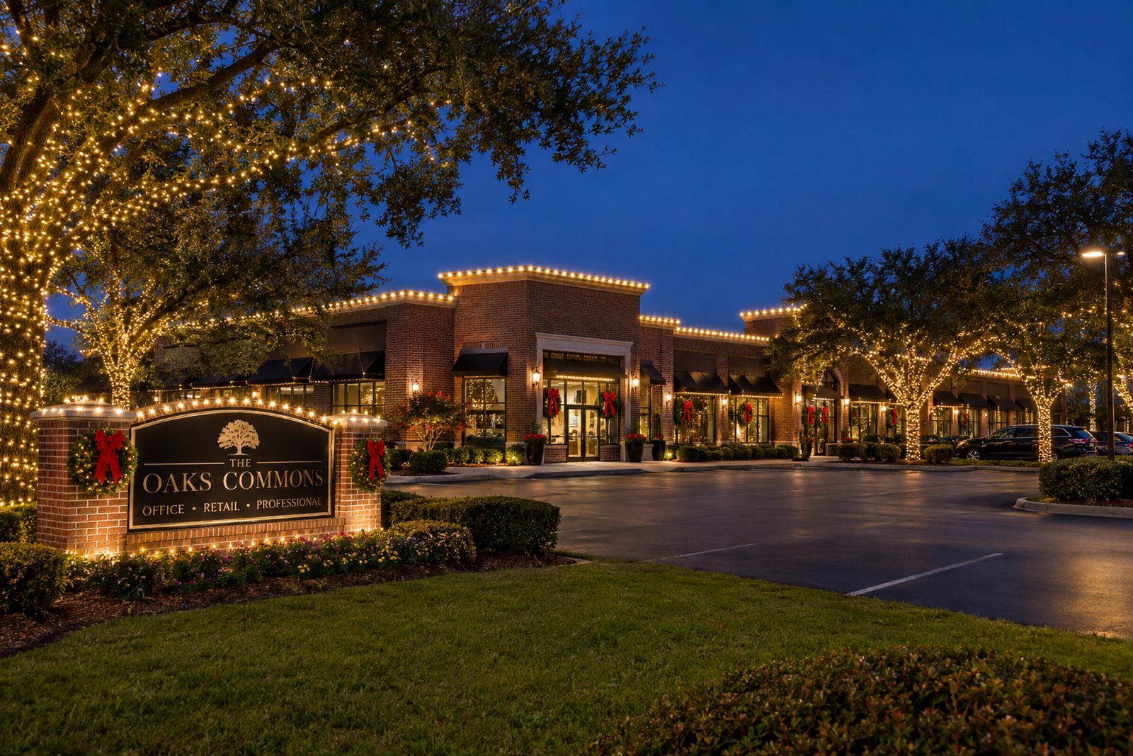 Commercial property decorated with professionally installed holiday lights